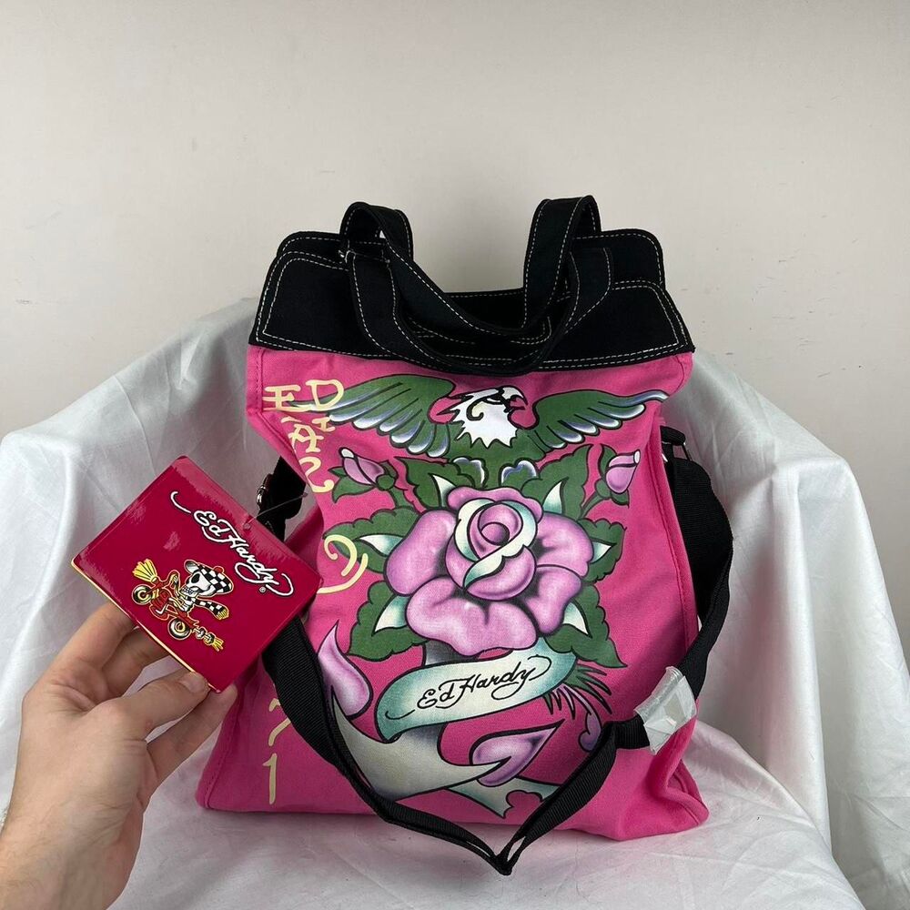 Ed Hardy Tote Bag Canvas Purse Hot Pink & Black Crossbody w/ Double Handles